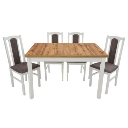 Set masa extensibila 120 x150 cm cu 4 scaune tapitate, MB-13 Max5 P si S-37 Boss7 B 18A, Wotan/Bialy, lemn masiv de fag, stofa