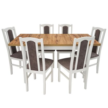 Set masa extensibila 120x150 cm cu 6 scaune tapitate, MB-13 Max5 P si S-37 Boss7 B 18A, Wotan/Bialy, lemn masiv de fag, stofa