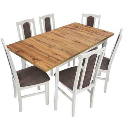 Set masa extensibila 120x150 cm cu 6 scaune tapitate, MB-13 Max5 P si S-37 Boss7 B 18A, Wotan/Bialy, lemn masiv de fag, stofa - imagine 4