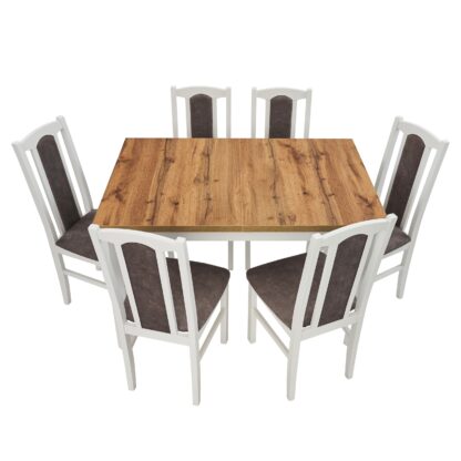 Set masa extensibila 120x150 cm cu 6 scaune tapitate, MB-13 Max5 P si S-37 Boss7 B 18A, Wotan/Bialy, lemn masiv de fag, stofa - imagine 2