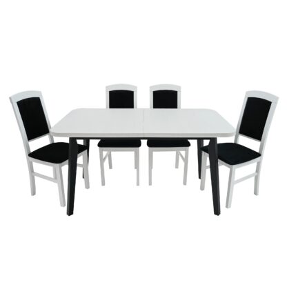 Set masa extensibila 140 x180 cm cu 4 scaune tapitate, MB-13 Oslo 6 si S-38 Nilo4 B22, Bialy/Czarny, lemn masiv de fag, stofa