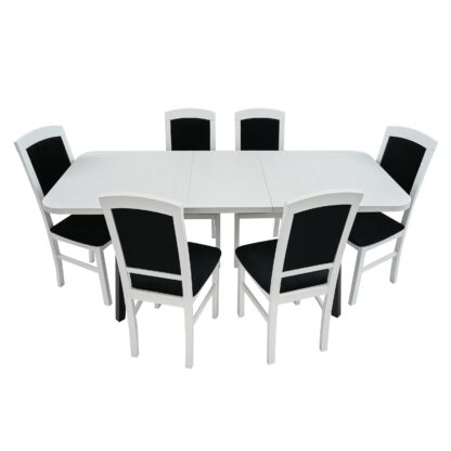 Set masa extensibila 140x180 cm cu 6 scaune tapitate, MB-13 Oslo 6 si S-38 Nilo4 29B, Bialy/Czarny, Lemn masiv de fag, Stofa
