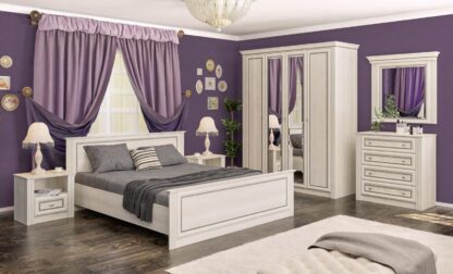 Set Dormitor Bristol, Alb murdar, Dulap 200 cm, Pat 160×200 cm, 2 noptiere, comoda