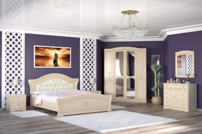Set Dormitor Milano, Bej, Dulap 170 cm, Pat 160×200 cm, 2 noptiere, comoda