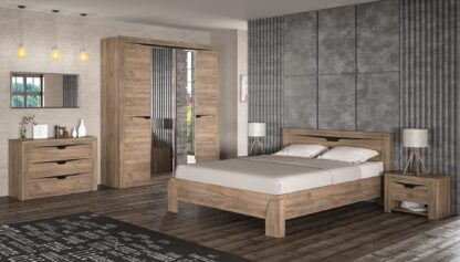 Set Dormitor Sofia, Stejar, Dulap 200 cm, Pat 160×200 cm, 2 noptiere, comoda