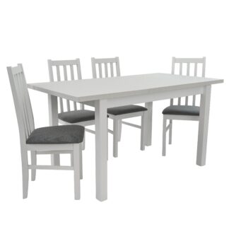 Set masa extensibila 120x150cm cu 4 scaune tapitate, MB-13 Max5 si S-38 Boss10 B10, alb, lemn masiv de fag, stofa