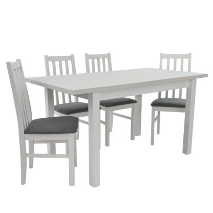 Set masa extensibila 120x150cm cu 4 scaune tapitate, MB-13 Max5 si S-38 Boss10 B10, alb, lemn masiv de fag, stofa