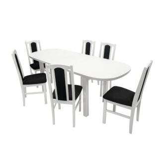 Set masa extensibila 160 x 200 cm cu 6 scaune tapitate, MB-12 Venus1 si S-37 Boss7 B22, Bialy, lemn masiv de fag, stofa