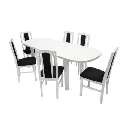 Set masa extensibila 160 x 200 cm cu 6 scaune tapitate, MB-12 Venus1 si S-37 Boss7 B22, Bialy, lemn masiv de fag, stofa