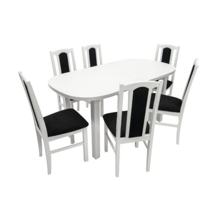 Set masa extensibila 160 x 200 cm cu 6 scaune tapitate, MB-12 Venus1 si S-37 Boss7 B22, Bialy, lemn masiv de fag, stofa - imagine 2