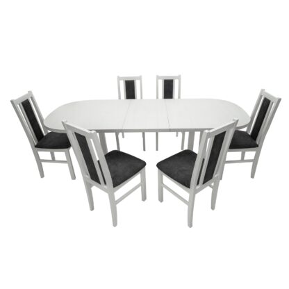 Set masa extensibila 160 x 200 cm cu 6 scaune tapitate, MB-12 Venus1 si S-38 Boss14 B24Z, Bialy, lemn masiv de fag, stofa - imagine 4