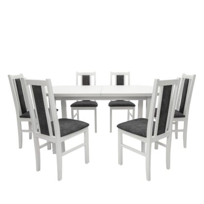 Set masa extensibila 160 x 200 cm cu 6 scaune tapitate, MB-12 Venus1 si S-38 Boss14 B24Z, Bialy, lemn masiv de fag, stofa - imagine 3