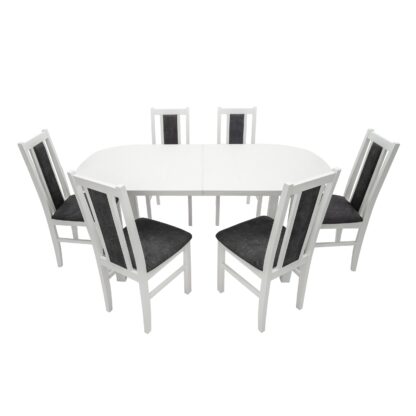 Set masa extensibila 160 x 200 cm cu 6 scaune tapitate, MB-12 Venus1 si S-38 Boss14 B24Z, Bialy, lemn masiv de fag, stofa