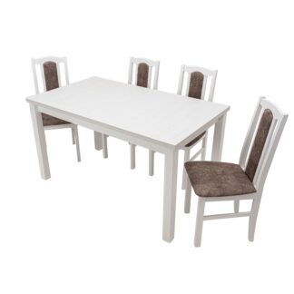 Set masa extensibila 120x150cm cu 4 scaune tapitate, MB-13 Max5 si S-37 Boss7 B18A, alb, lemn masiv de fag, stofa