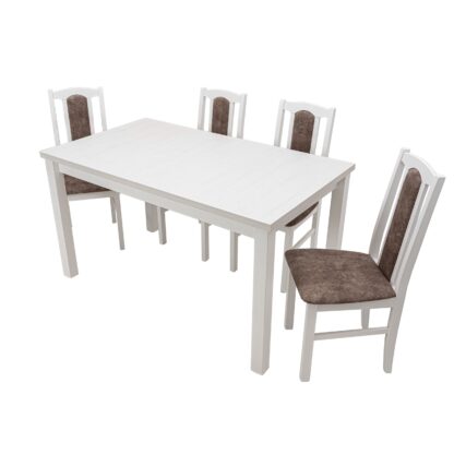 Set masa extensibila 120x150cm cu 4 scaune tapitate, MB-13 Max5 si S-37 Boss7 B18A, alb, lemn masiv de fag, stofa