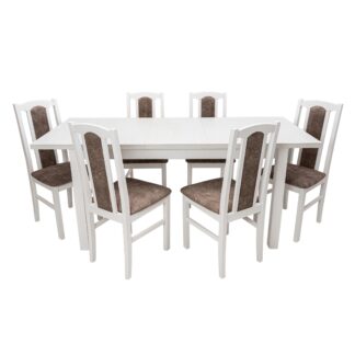 Set masa extensibila 120x150cm cu 6 scaune tapitate, MB-13 Max5 si S-37 Boss7 B18A, alb, lemn masiv de fag, stofa