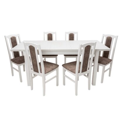 Set masa extensibila 120x150cm cu 6 scaune tapitate, MB-13 Max5 si S-37 Boss7 B18A, alb, lemn masiv de fag, stofa