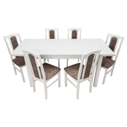 Set masa extensibila 120x150cm cu 6 scaune tapitate, MB-13 Max5 si S-37 Boss7 B18A, alb, lemn masiv de fag, stofa - imagine 3