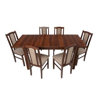 Set masa extensibila 120x150cm cu 6 scaune tapitate, MB-13 Max5 si S-37 Boss7 O2, nuc, lemn masiv, stofa