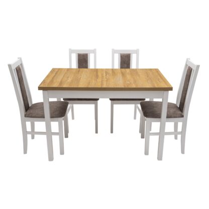 Set masa extensibila 120 x 160 cm cu 4 scaune tapitate, MB-13 Max10 si S-38 Boss14 30B, Bialy, Lemn masiv de fag, Stofa