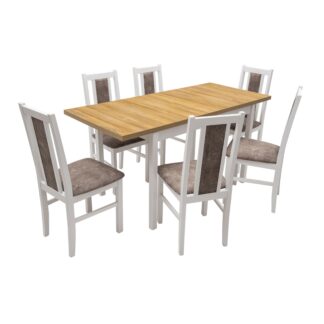 Set masa extensibila 120 x 160 cm cu 6 scaune tapitate, MB-13 Max10 si S-38 Boss14 25B, Bialy, Lemn masiv de fag, Stofa
