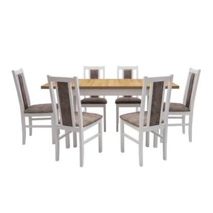 Set masa extensibila 120 x 160 cm cu 6 scaune tapitate, MB-13 Max10 si S-38 Boss14 25B, Bialy, Lemn masiv de fag, Stofa - imagine 5
