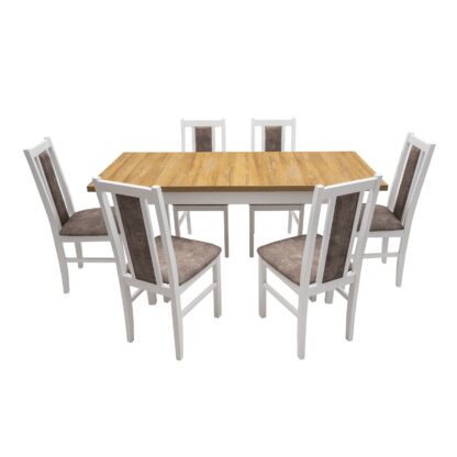 Set masa extensibila 120 x 160 cm cu 6 scaune tapitate, MB-13 Max10 si S-38 Boss14 25B, Bialy, Lemn masiv de fag, Stofa - imagine 4