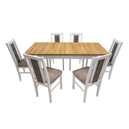 Set masa extensibila 120 x 160 cm cu 6 scaune tapitate, MB-13 Max10 si S-38 Boss14 25B, Bialy, Lemn masiv de fag, Stofa - imagine 3