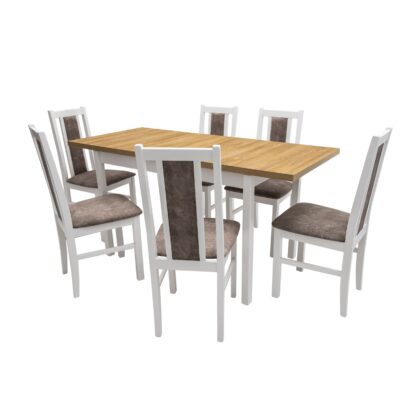 Set masa extensibila 120 x 160 cm cu 6 scaune tapitate, MB-13 Max10 si S-38 Boss14 25B, Bialy, Lemn masiv de fag, Stofa - imagine 2