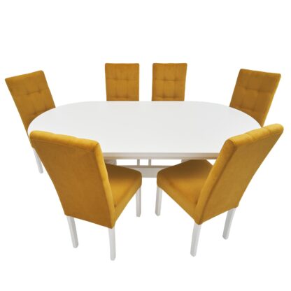 Set masa fixa 180 cm cu 6 scaune tapitate, MB-81 si T6 Lux S101, Alb, lemn masiv, stofa