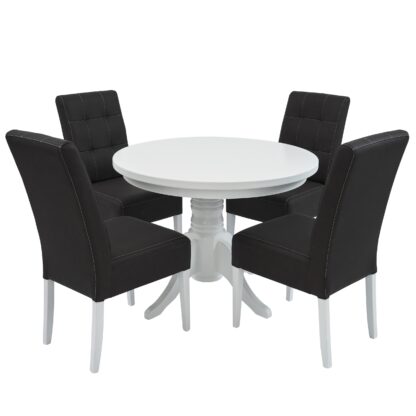 Set masa fixa 100 cm cu 4 scaune tapitate, MB-80 si Sonia, Alb/Negru, lemn masiv, piele ecologica