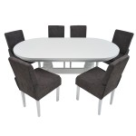 Set masa fixa 180 cm cu 6 scaune tapitate, MB-81 si T13 Z14, Alb, lemn masiv, stofa