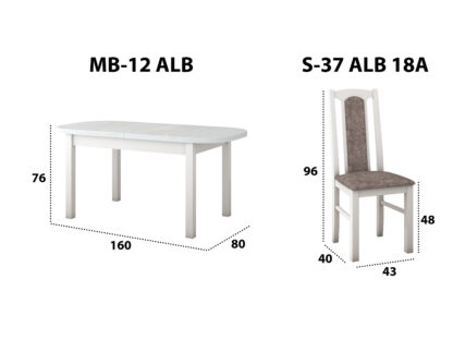 Set masa extensibila 160 x 200 cm cu 6 scaune tapitate, MB-12 Venus1 si S-37 Boss7 25B, Bialy, Lemn masiv de fag, Stofa - imagine 3