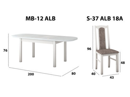 Set masa extensibila 160 x 200 cm cu 6 scaune tapitate, MB-12 Venus1 si S-37 Boss7 25B, Bialy, Lemn masiv de fag, Stofa - imagine 4