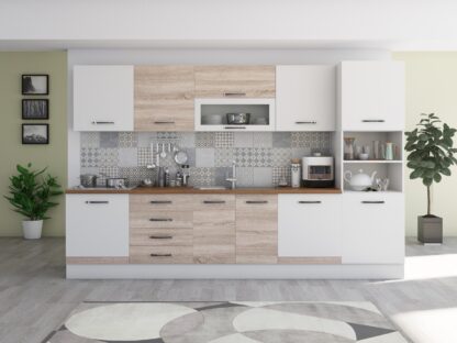 Bucatarie Alfa 320, sonoma/alb, blat termic nuc, corp pentru cuptor incorporabil