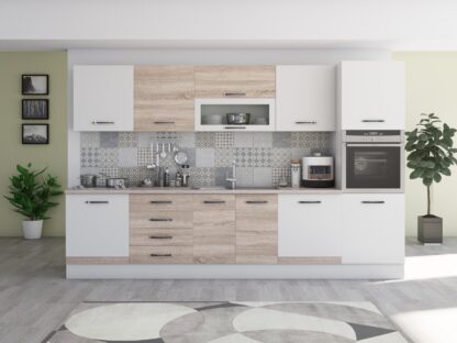 Bucatarie Alfa 320, sonoma/alb, blat termic travertin, corp pentru cuptor incorporabil - imagine 2