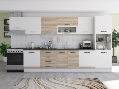 Bucatarie Alfa 380 cm, alb/sonoma, blat termic wenge, corp hota, soldat