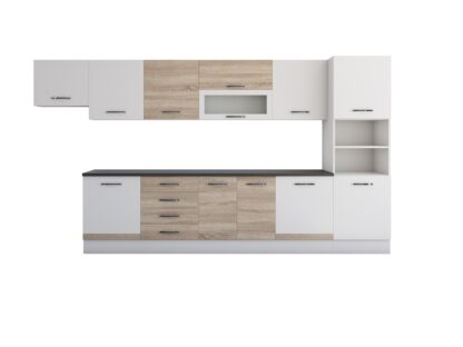 Bucatarie Alfa 380 cm, alb/sonoma, blat termic wenge, corp hota, soldat - imagine 3