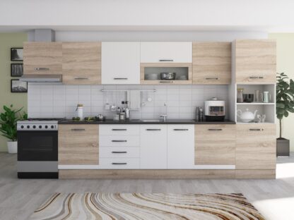 Bucatarie Alfa 380 cm, sonoma/alb, blat termic wenge, corp hota, soldat