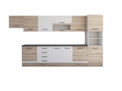 Bucatarie Alfa 380 cm, sonoma/alb, blat termic wenge, corp hota, soldat - imagine 2