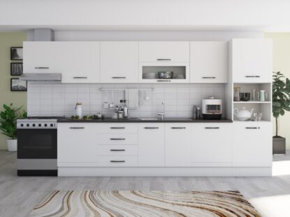 Bucatarie Alfa 380 cm, alb, blat termic wenge, corp hota, soldat
