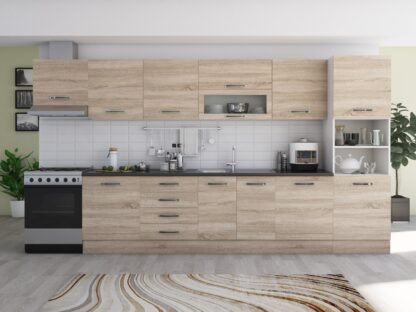 Bucatarie Alfa 380 cm, sonoma, blat termic wenge, corp hota, soldat