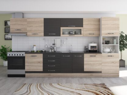Bucatarie Alfa 380 cm, sonoma/wenge, blat termic wenge, corp hota, soldat