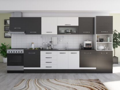 Bucatarie Alfa 380 cm, wenge/alb, blat termic wenge, corp hota, soldat