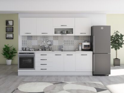 Bucatarie Alfa 260, cu vitrina, alb, blat termic alb - imagine 2