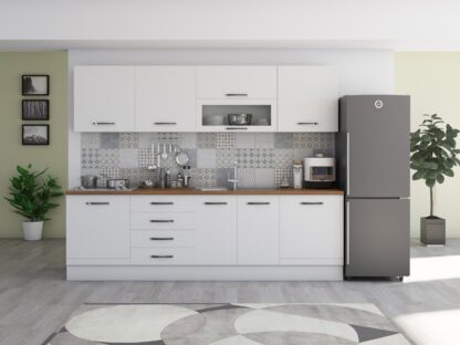 Bucatarie Alfa 260, cu vitrina, alb, blat termic nuc