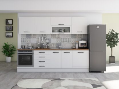 Bucatarie Alfa 260, cu vitrina, alb, blat termic nuc - imagine 2