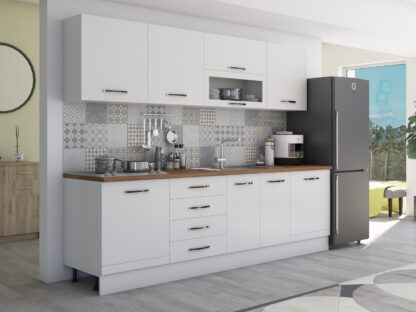 Bucatarie Alfa 260, cu vitrina, alb, blat termic nuc - imagine 3