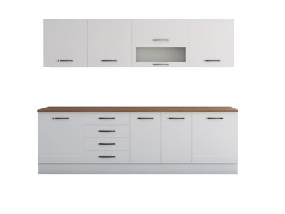 Bucatarie Alfa 260, cu vitrina, alb, blat termic nuc - imagine 7
