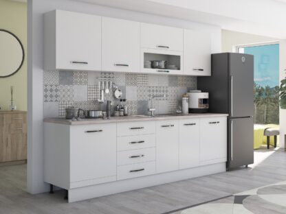 Bucatarie Alfa 260, cu vitrina, alb, blat termic travertin - imagine 3